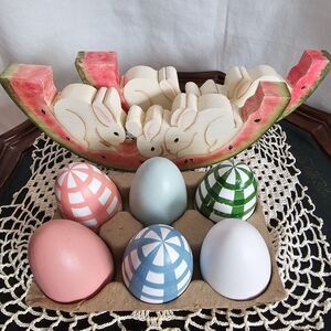 Cute, Rare & Unique Easter or Spring Decor Bunnies, Watermelon and Eggs in Wood